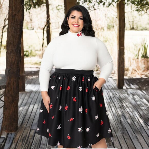 Unique Vintage Gellar Swing Midi Skirt Gothic Skull Heart Flare Bottom Halloween - Picture 4 of 9
